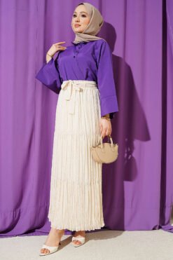 Floral Embroidered Pleated Chiffon Skirt Beige Großhandel skirt view 2 - Hicabistan Türkei Fabrik