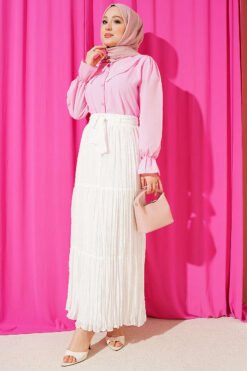 Vista alternativa de Floral Embroidered Pleated Chiffon Skirt Ecru