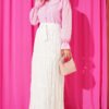 Floral Embroidered Pleated Chiffon Skirt Ecru Großhandel skirt view 2 - Hicabistan Türkei Fabrik
