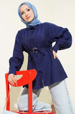 Floral Belted Shirt Navy Blue groothandel shirt - Hicabistan Turkije fabriek