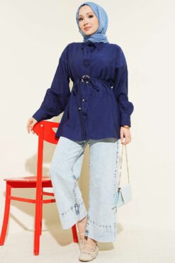 Floral Belted Shirt Navy Blue groothandel shirt view 2 - Hicabistan Turkije fabriek