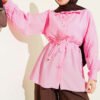 Floral Belted Shirt Pink groothandel shirt - Hicabistan Turkije fabriek