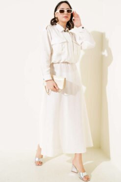 Two-Pocket Zippered Skirt Set Ecru wholesale clothing set - Hicabistan Turkey factory