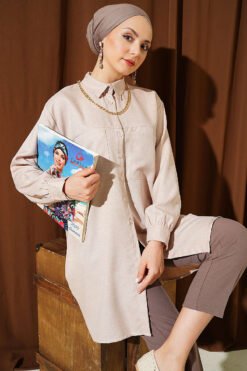 Shirt with Double Pockets and Chain Necklace Beige