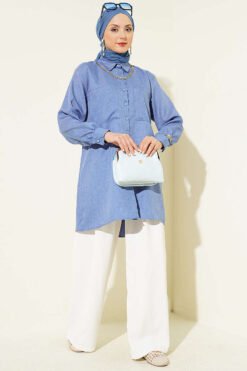 منظر بديل لـ Shirt with Double Pockets and Chain Necklace Blue