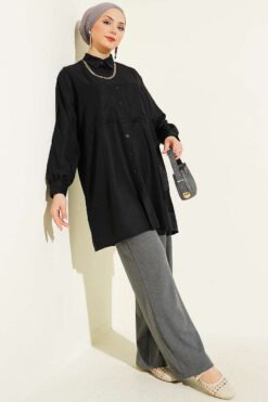 منظر بديل لـ Shirt with Double Pockets and Chain Necklace Black