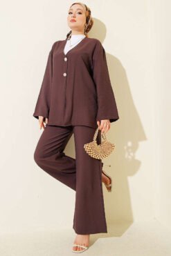 Double Button Kimono Set Brown