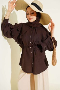 Double Ruffled Sailor Collar Shirt Brown groothandel shirt - Hicabistan Turkije fabriek