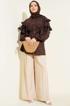 Double Ruffled Sailor Collar Shirt Brown groothandel shirt view 2 - Hicabistan Turkije fabriek