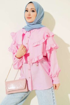 Double Ruffled Sailor Collar Shirt Pink groothandel shirt - Hicabistan Turkije fabriek