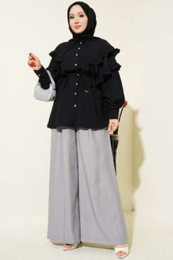 Double Ruffled Sailor Collar Shirt Black groothandel shirt view 2 - Hicabistan Turkije fabriek