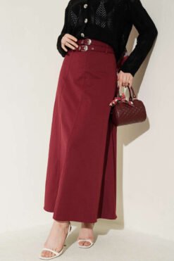 Double Belted Stitch Detail Skirt Burgundy groothandel skirt - Hicabistan Turkije fabriek