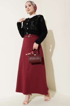 Double Belted Stitch Detail Skirt Burgundy groothandel skirt view 2 - Hicabistan Turkije fabriek