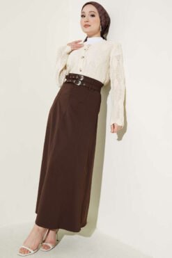 Double Belted Stitch Detail Skirt Brown groothandel skirt view 2 - Hicabistan Turkije fabriek