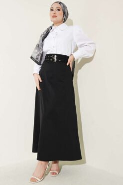 Double Belted Stitch Detail Skirt Black groothandel skirt view 2 - Hicabistan Turkije fabriek