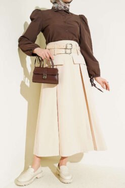 Double Belted Pleated Flared Skirt Beige بالجملة skirt - Hicabistan مصنع تركيا