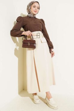 Double Belted Pleated Flared Skirt Beige بالجملة skirt view 2 - Hicabistan مصنع تركيا