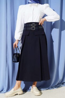 Double Belted Pleated Flared Skirt Navy Blue wholesale skirt - Hicabistan Turkey factory