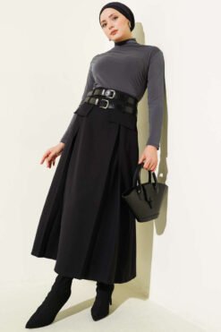 Double Belted Pleated Flared Skirt Black بالجملة skirt view 2 - Hicabistan مصنع تركيا