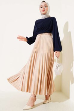 Double Pleated Waist Elastic Skirt Beige بالجملة skirt view 2 - Hicabistan مصنع تركيا