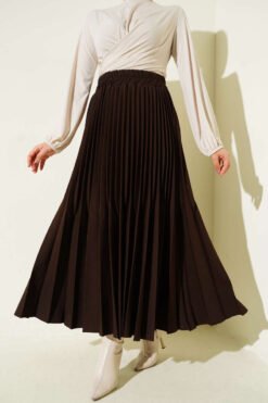 Double Pleated Waist Elastic Skirt Brown بالجملة skirt - Hicabistan مصنع تركيا