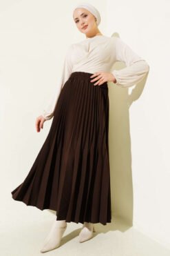Double Pleated Waist Elastic Skirt Brown بالجملة skirt view 2 - Hicabistan مصنع تركيا