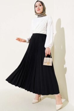 Double Pleated Waist Elastic Skirt Black wholesale skirt view 2 - Hicabistan Turkey factory