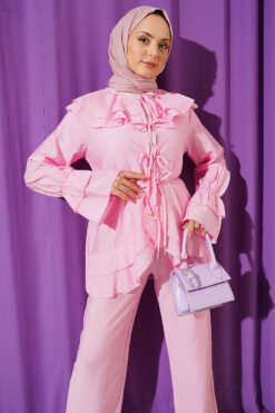 Alternatieve weergave van Double Collar Tied Two-Piece Set Pink