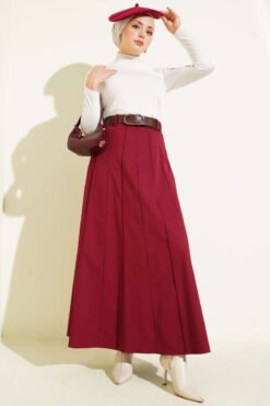 Fringe Belted Skirt Burgundy wholesale skirt view 2 - Hicabistan Turkey factory