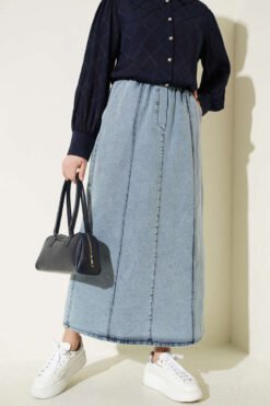 Elastic Waist Denim Skirt Blue groothandel skirt - Hicabistan Turkije fabriek