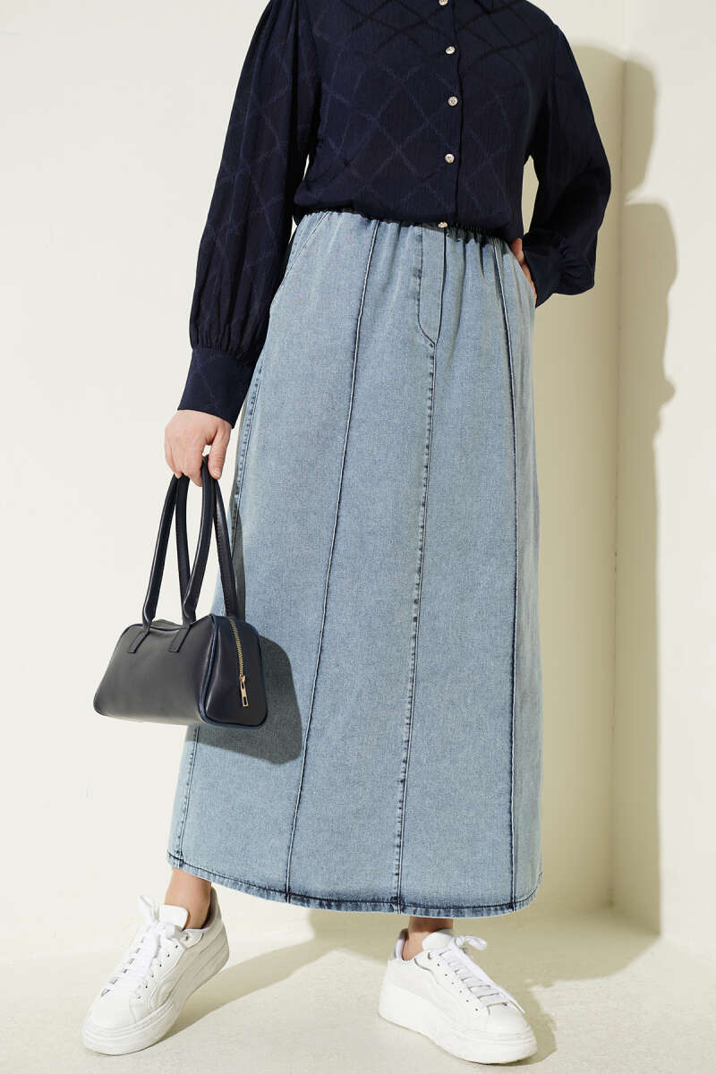 Elastic Waist Denim Skirt Blue en gros skirt - Hicabistan usine Turquie