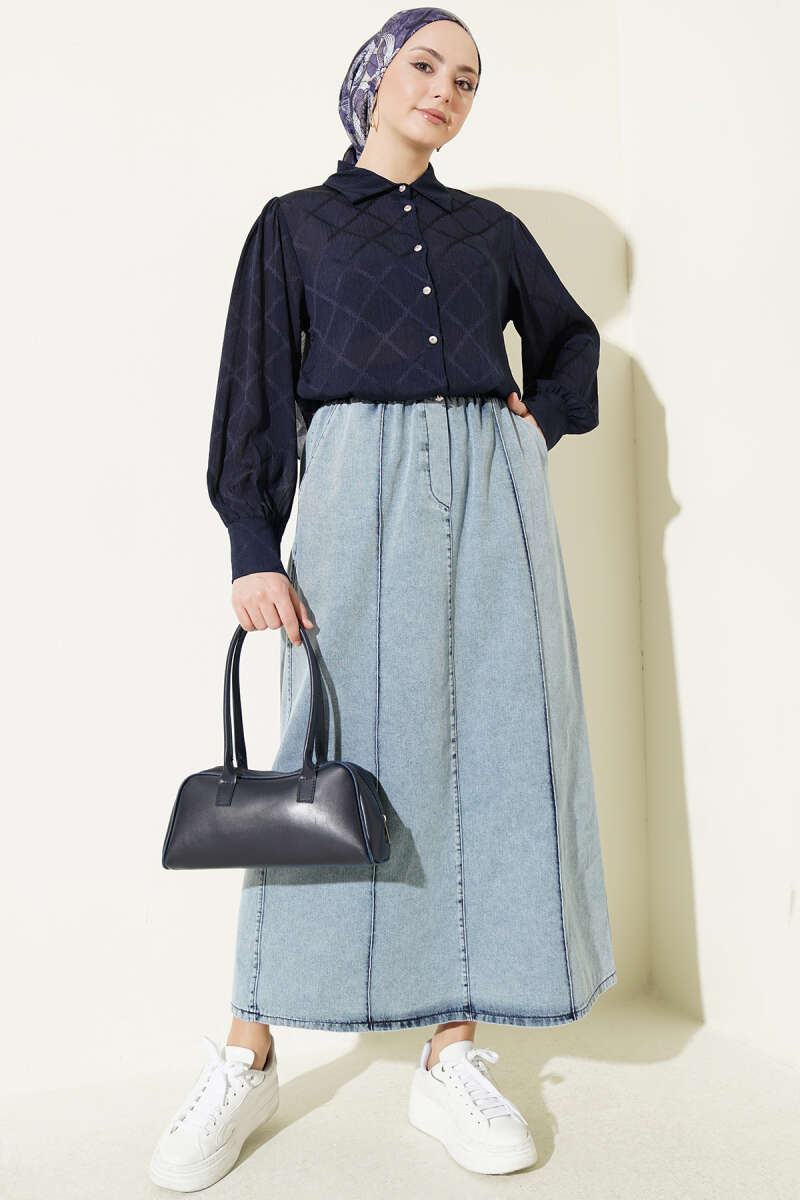 Elastic Waist Denim Skirt Blue en gros skirt view 2 - Hicabistan usine Turquie