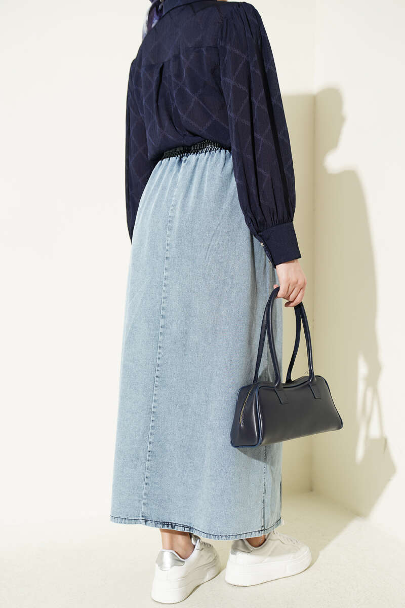 Elastic Waist Denim Skirt Blue en gros skirt view 3 - Hicabistan usine Turquie
