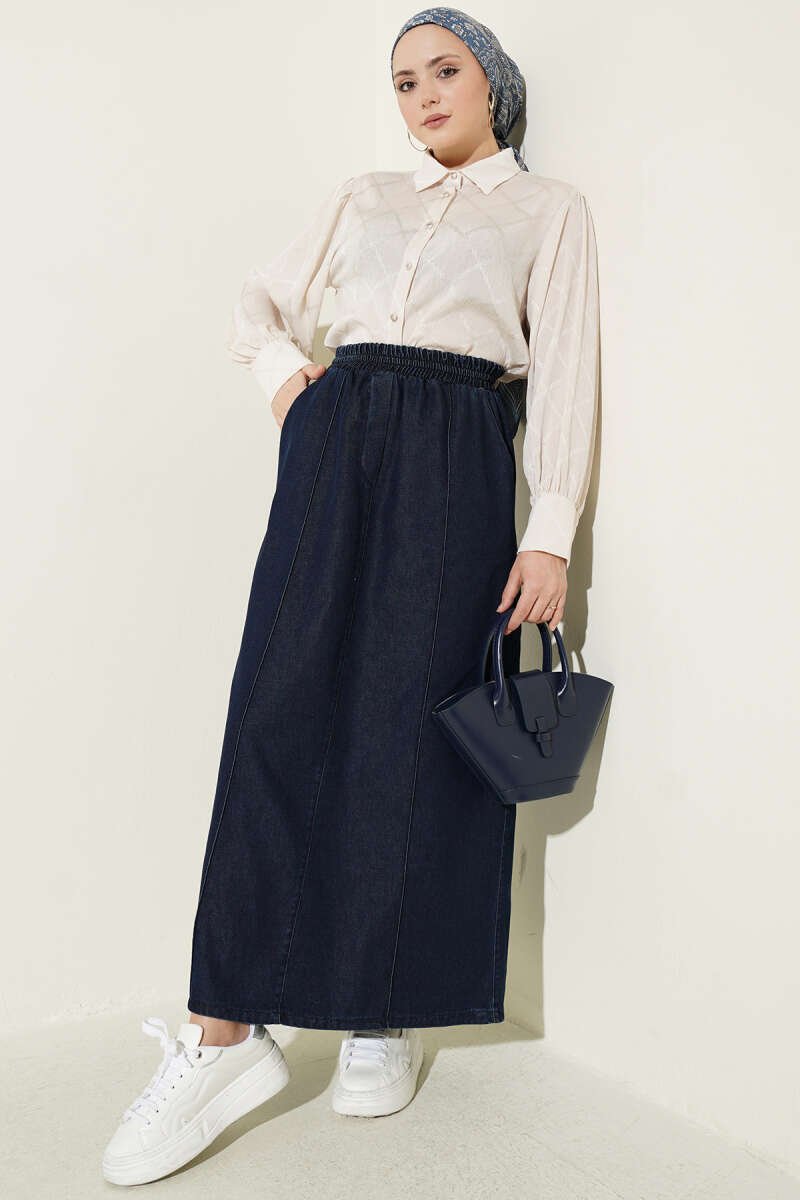 Elastic Waist Denim Skirt Navy Blue all'ingrosso skirt view 2 - Hicabistan fabbrica Turchia