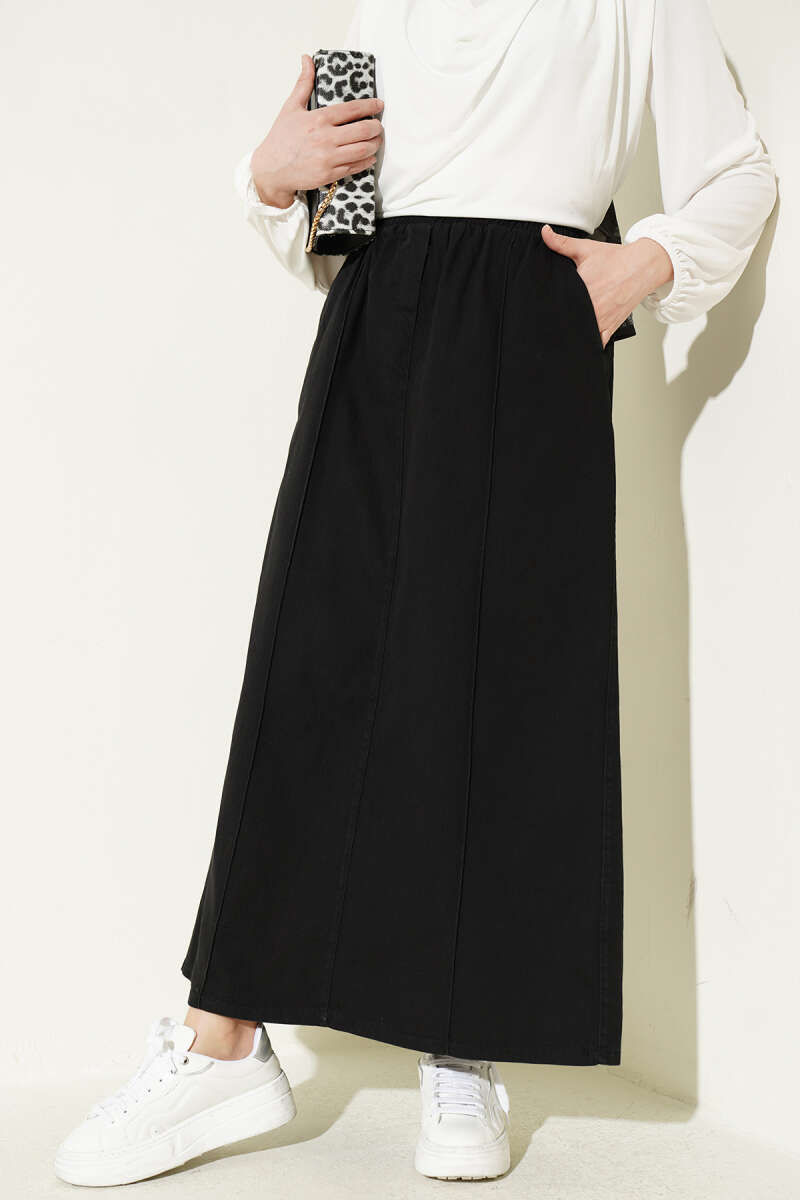 Elastic Waist Denim Skirt Black all'ingrosso skirt - Hicabistan fabbrica Turchia