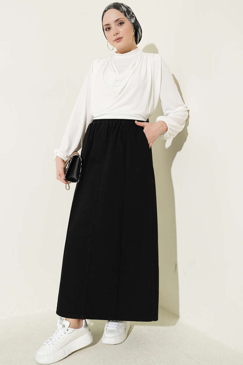 Elastic Waist Denim Skirt Black all'ingrosso skirt view 2 - Hicabistan fabbrica Turchia