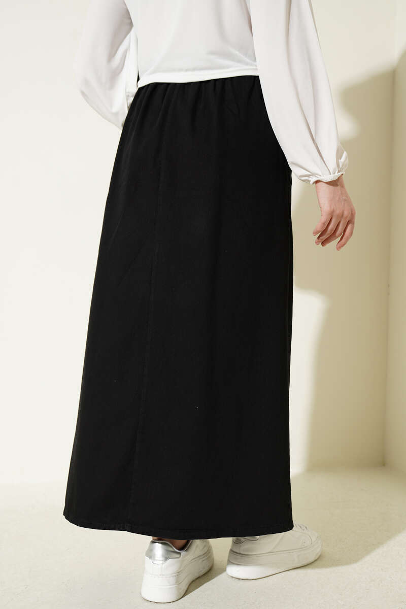 Elastic Waist Denim Skirt Black all'ingrosso skirt view 3 - Hicabistan fabbrica Turchia