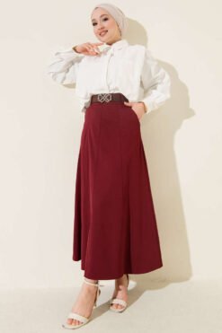 Basic Skirt with Belt Burgundy Großhandel skirt view 2 - Hicabistan Türkei Fabrik