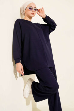 Oval Loysha Two-Piece Set Navy Blue al por mayor clothing set view 2 - Hicabistan fábrica Turquía
