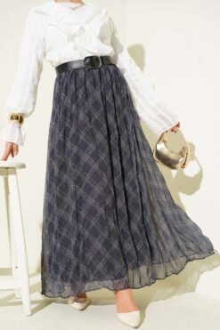 Checkered Chiffon Belted Skirt