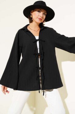 Striped Embossed Front-Tie Kimono Black