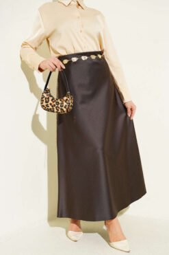 Striped Waist Elastic Satin Skirt Brown Großhandel skirt - Hicabistan Türkei Fabrik