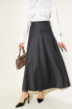 Striped Waist Elastic Satin Skirt Black Großhandel skirt - Hicabistan Türkei Fabrik