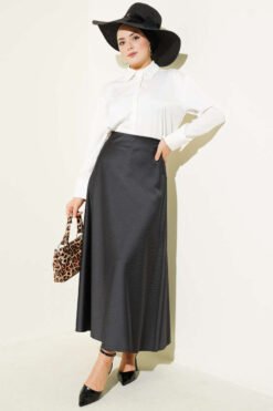 Striped Waist Elastic Satin Skirt Black Großhandel skirt view 2 - Hicabistan Türkei Fabrik