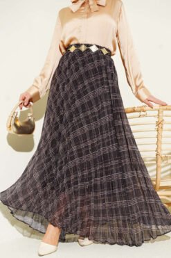 Striped Elastic Waist Chiffon Skirt Anthracite wholesale skirt - Hicabistan Turkey factory