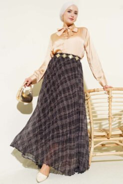 Striped Elastic Waist Chiffon Skirt Anthracite wholesale skirt view 2 - Hicabistan Turkey factory