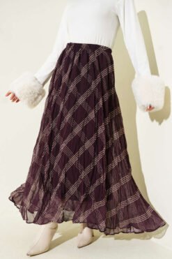 Striped Elastic Waist Chiffon Skirt Purple بالجملة skirt - Hicabistan مصنع تركيا