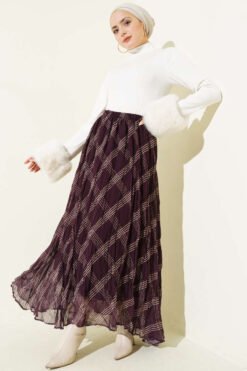 Striped Elastic Waist Chiffon Skirt Purple بالجملة skirt view 2 - Hicabistan مصنع تركيا