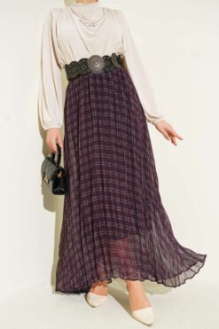 Striped Elastic Waist Chiffon Skirt Plum wholesale skirt - Hicabistan Turkey factory
