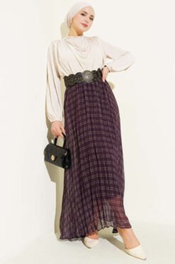 Striped Elastic Waist Chiffon Skirt Plum wholesale skirt view 2 - Hicabistan Turkey factory